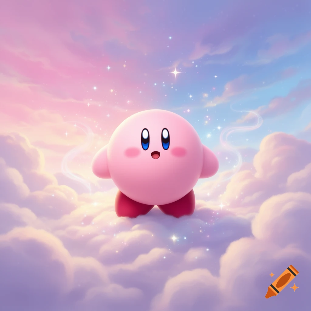 A cute pink Kirby character with large eyes floats on soft pink and purple clouds in a pastel sky with twinkling stars.