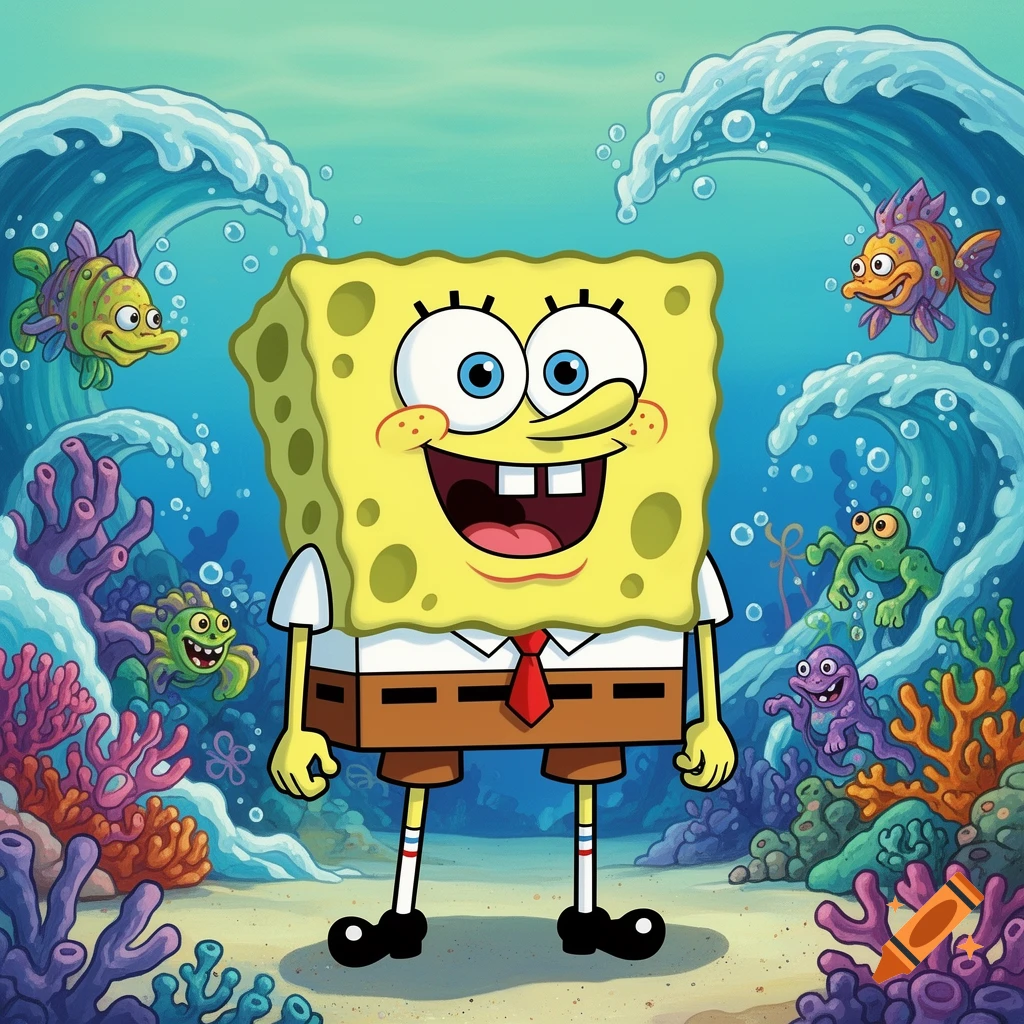 Smiling SpongeBob SquarePants stands in a vibrant cartoon underwater scene with coral, fish, and waves.