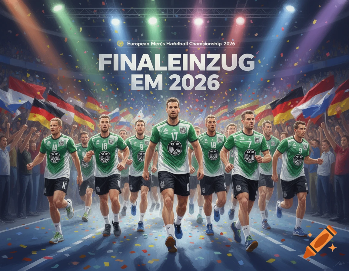 German handball players run onto a court in a stadium filled with cheering fans, confetti, and flags, with text "FINALEINZUG EM 2026".