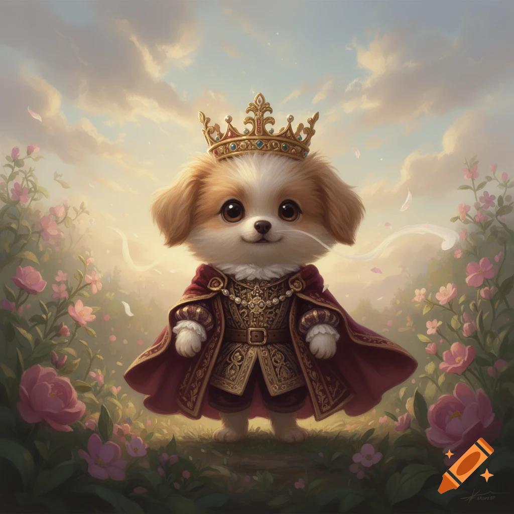 A fluffy white and brown puppy wearing a regal red and gold monarch's robe and a golden crown, standing in a field of pink flowers under a cloudy sky.