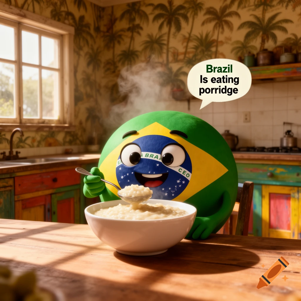 A cartoon Brazil countryball character smiles while eating a bowl of steaming porridge with a spoon in a rustic kitchen.