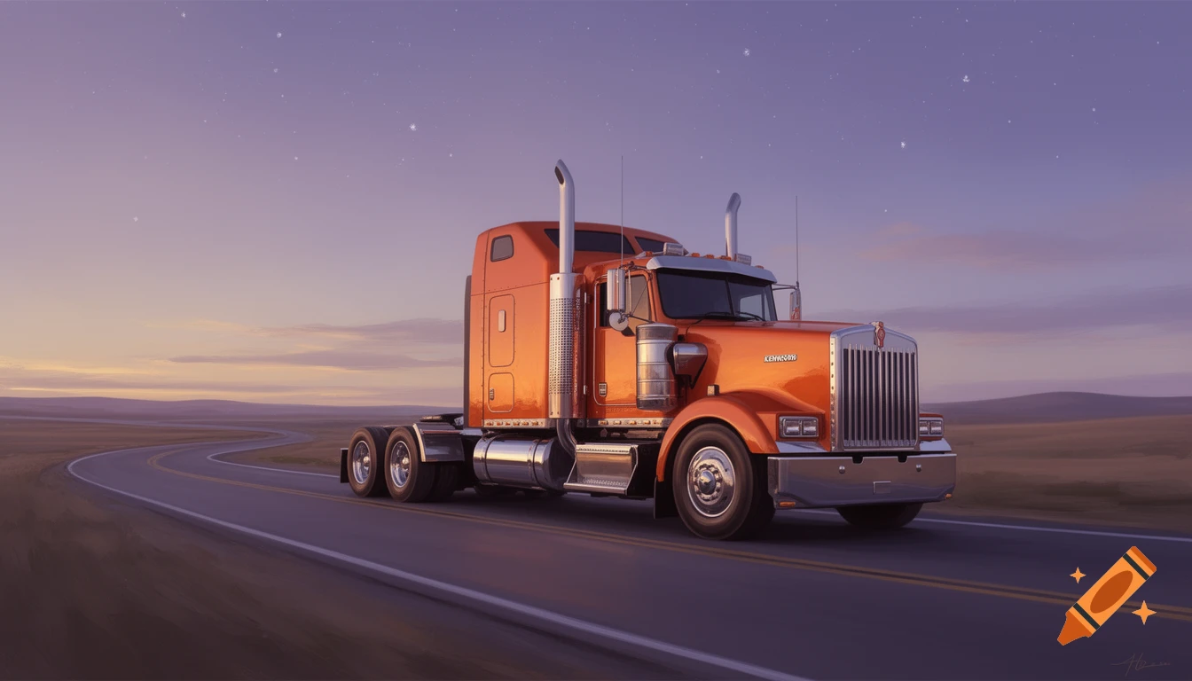 An orange Kenworth semi-truck drives on a winding road through a flat landscape under a purple, star-speckled dusk sky.
