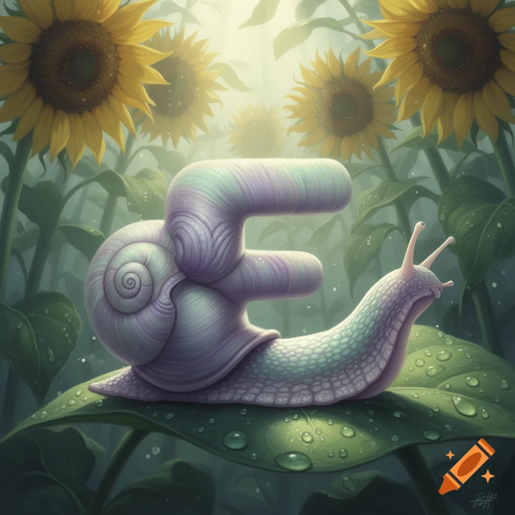A whimsical illustration of a pastel purple and green snail with an 'E' shaped shell, on a dewy leaf under sunny sunflowers.