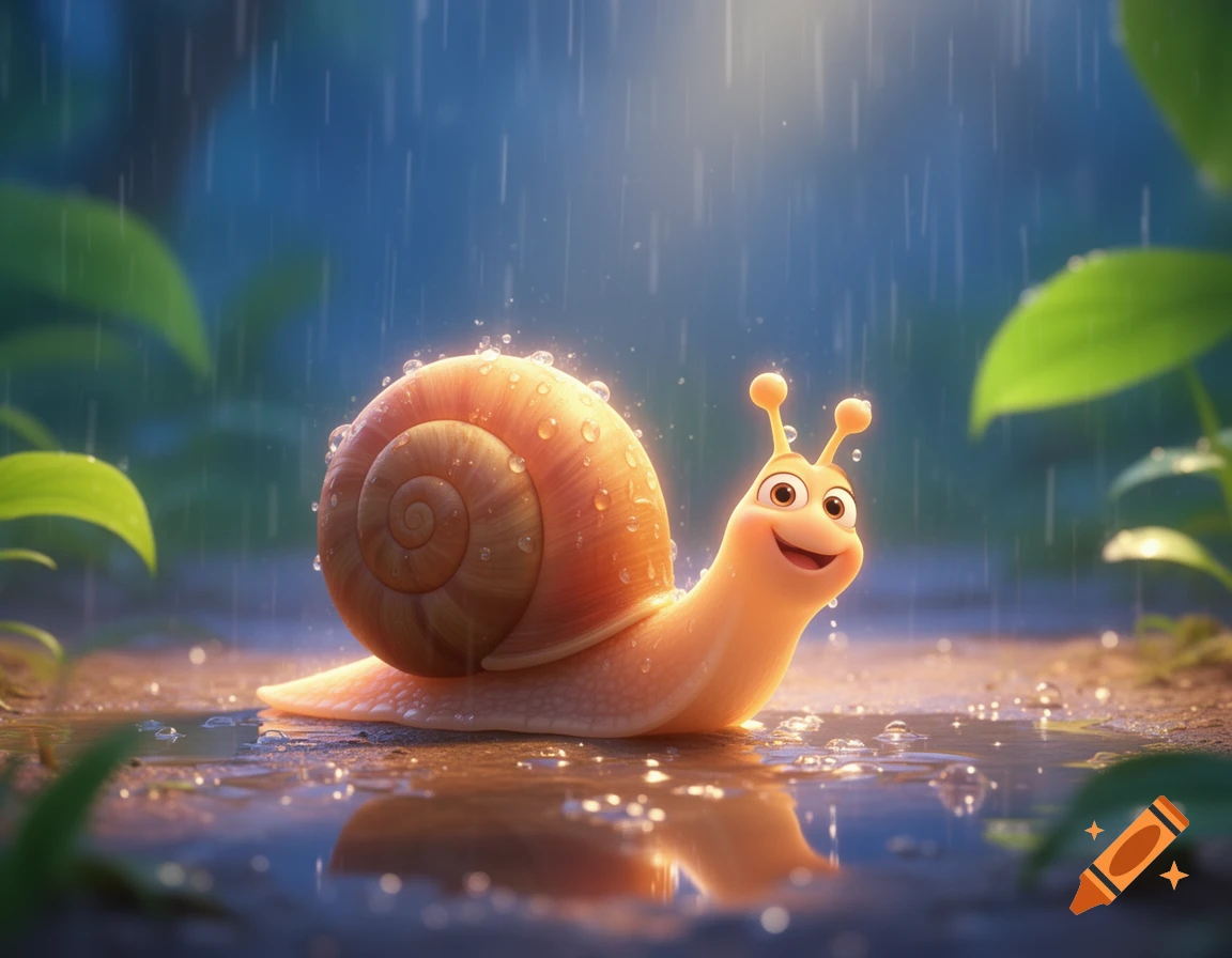 A cheerful, cartoon snail with big eyes and a glossy shell covered in raindrops crawls on wet ground, reflecting in puddles.