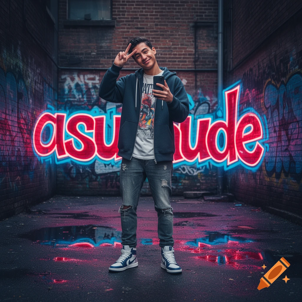A young man in a hoodie and distressed jeans poses with a peace sign and phone in a wet alley against a wall with glowing "asuh dude" graffiti.