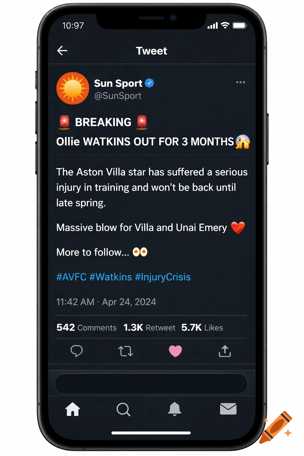 A dark mode Twitter/X screenshot on an iPhone, showing a 'Sun Sport' tweet reporting that 'Ollie WATKINS OUT FOR 3 MONTHS' due to injury.