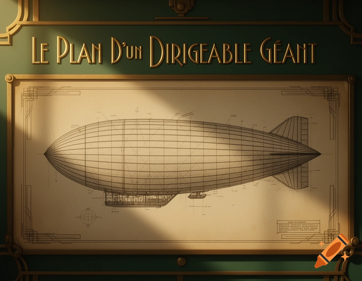 An Art Deco blueprint titled "LE PLAN D'UN DIRIGEABLE GÉANT" (The Plan of a Giant Airship), featuring a detailed side view of a vintage dirigible.