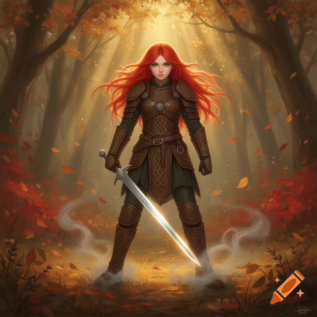 A fantasy illustration of a red-haired female warrior in brown armor ...