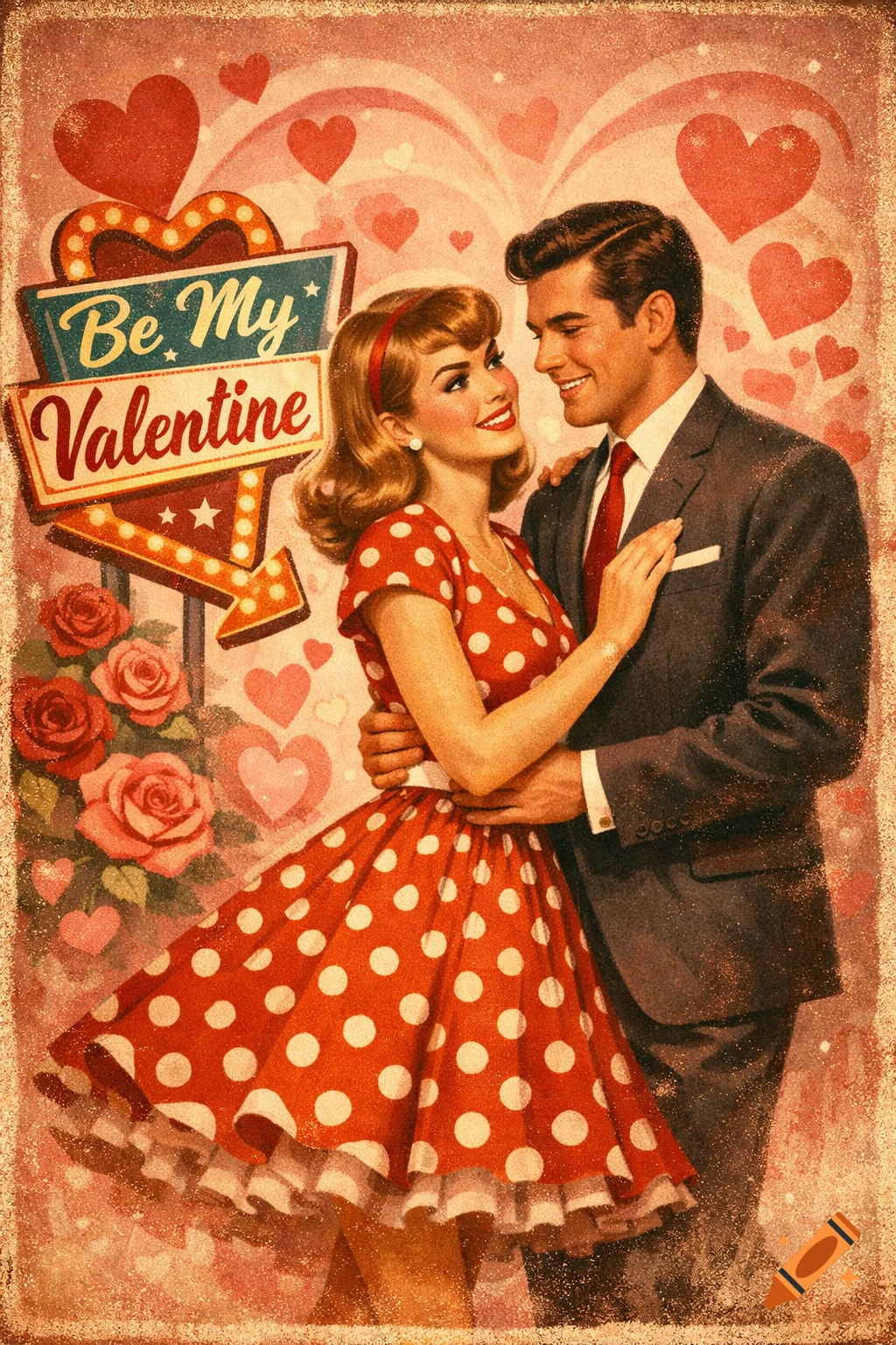 Retro-style Valentine's poster showing a smiling couple embracing, with a 'Be My Valentine' sign, hearts, and roses.