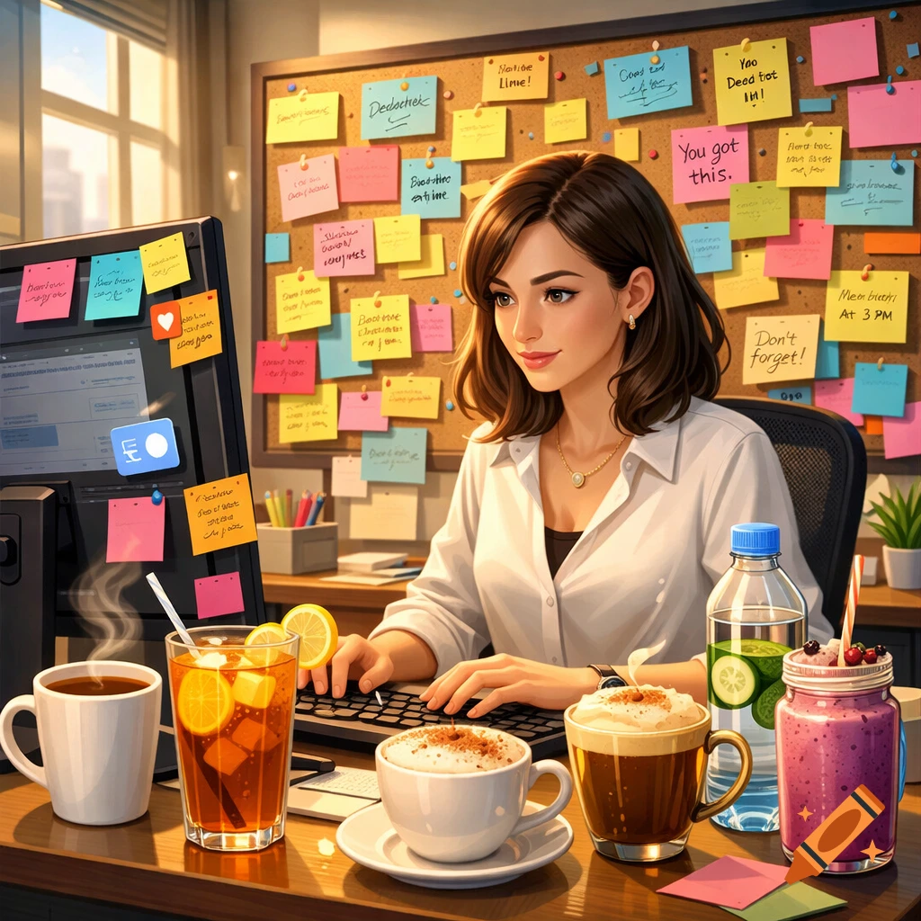 An animated woman works at a desk filled with multiple beverages, sticky notes cover the corkboard background and computer monitor.