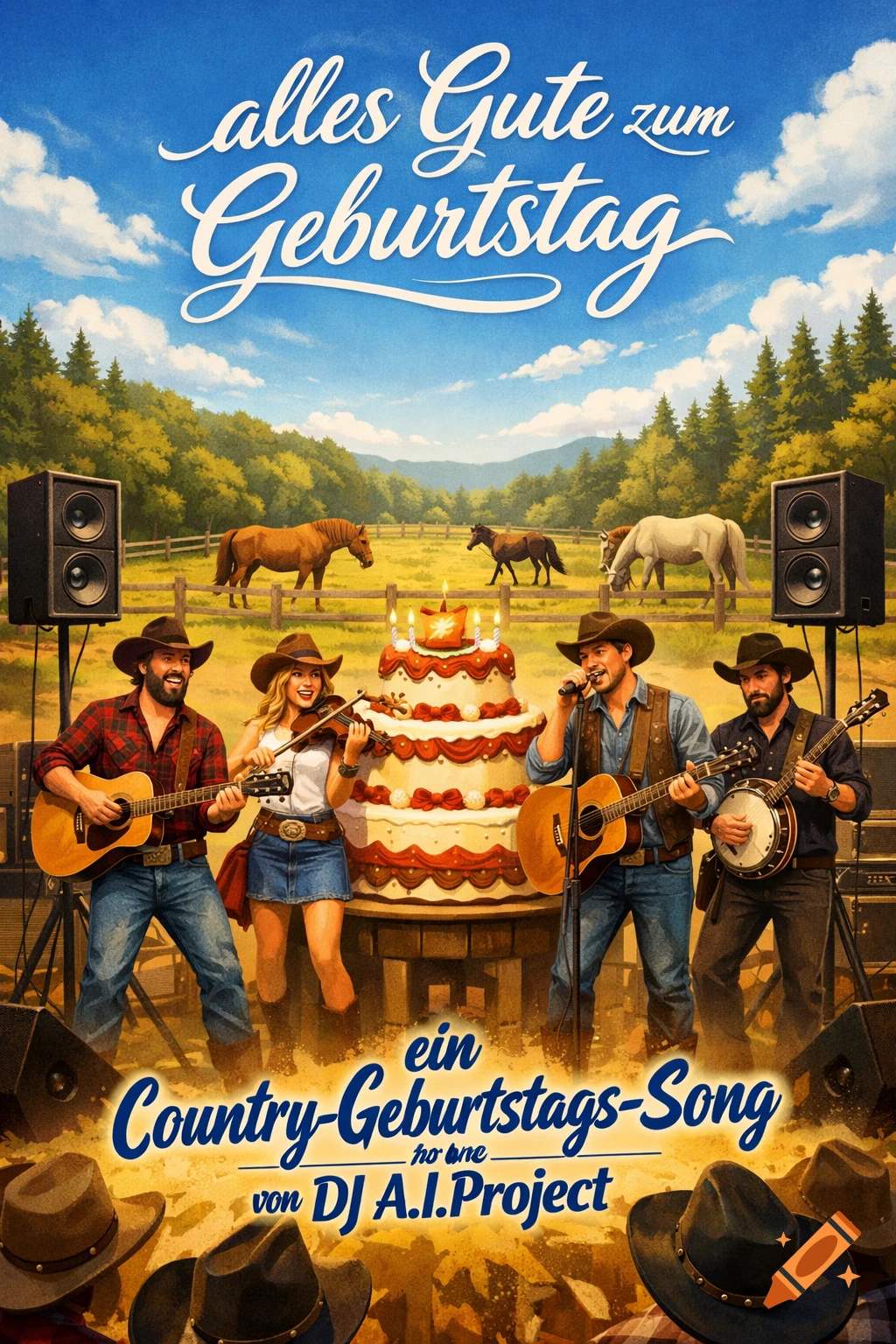 A country band performs outdoors with guitars, banjo, and fiddle in front of a large birthday cake. Horses graze in a field behind them, under a blue sky with white text reading "alles Gute zum Geburtstag".