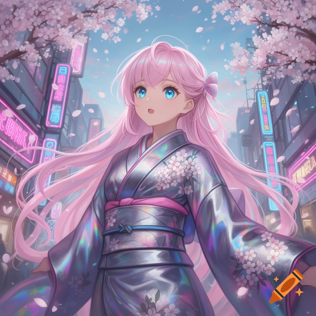 An anime girl with long pink hair and blue eyes wears a holographic kimono decorated with cherry blossoms, standing on a city street with neon signs and falling cherry petals.