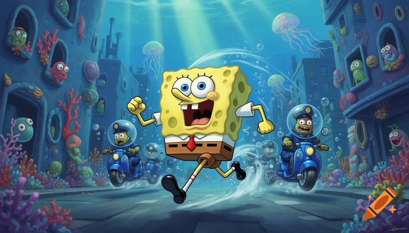 Spongebob Squarepants runs through an underwater city as cartoon fish police officers chase him on scooters.