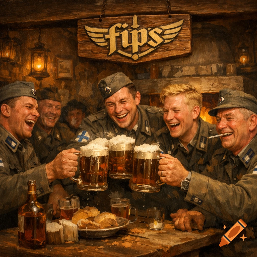 Oil painting of laughing soldiers in military uniforms clinking beer mugs in a rustic tavern under a 'fips' sign.