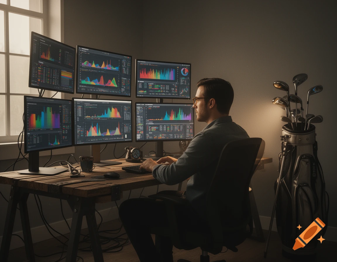 A man in glasses sits at a dark wooden desk, focused on six computer monitors displaying colorful charts and data. A golf bag with clubs stands beside him.
