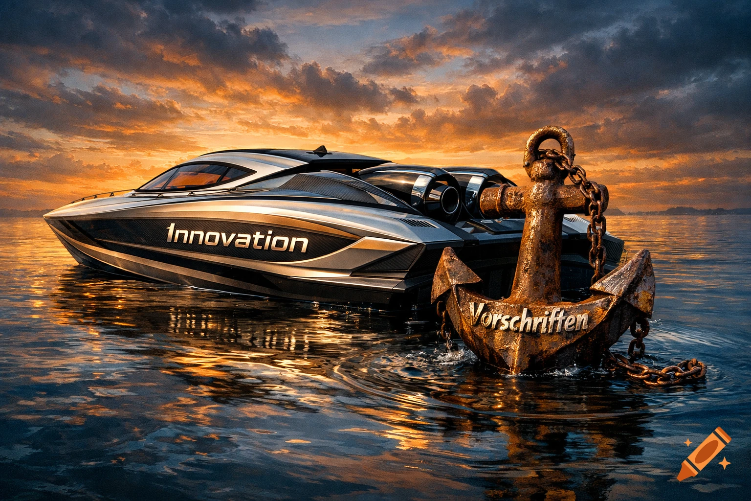 A sleek 'Innovation' speedboat held back by a rusty 'Vorschriften' anchor, set against a dramatic sunset.