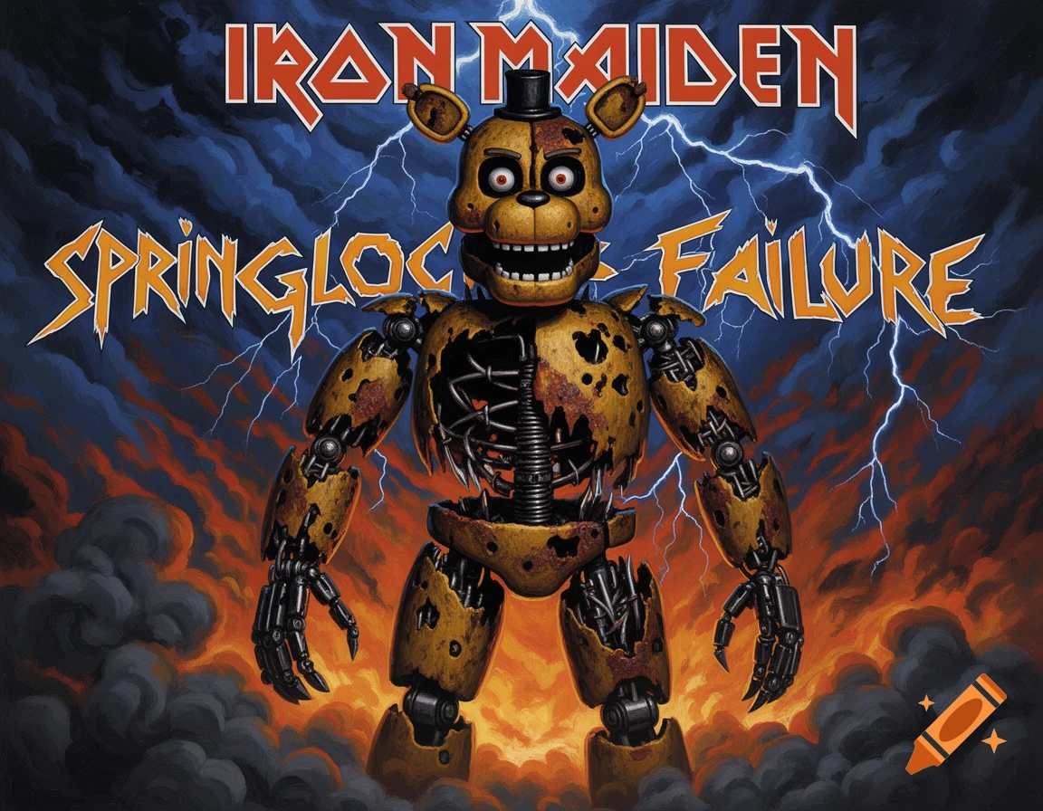 A damaged Springtrap from FNAF, with exposed endoskeleton, stands like ...