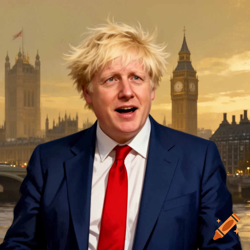 Boris Johnson in a blue suit and red tie stands smiling in front of the Houses of Parliament and Big Ben in London at dusk.