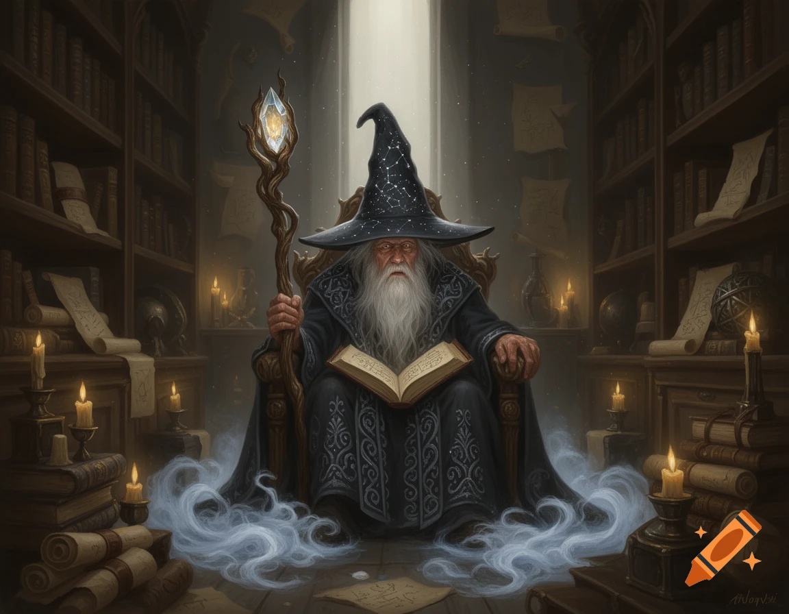 An old wizard with a long white beard and a pointed hat sits in a dark, candlelit library with an open book and a glowing staff.