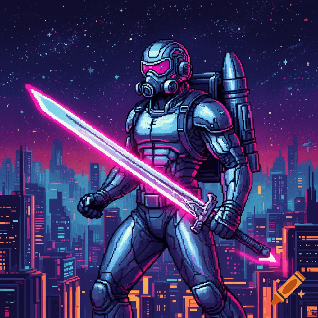 Pixel art of a futuristic warrior in armor and gas mask, holding a ...