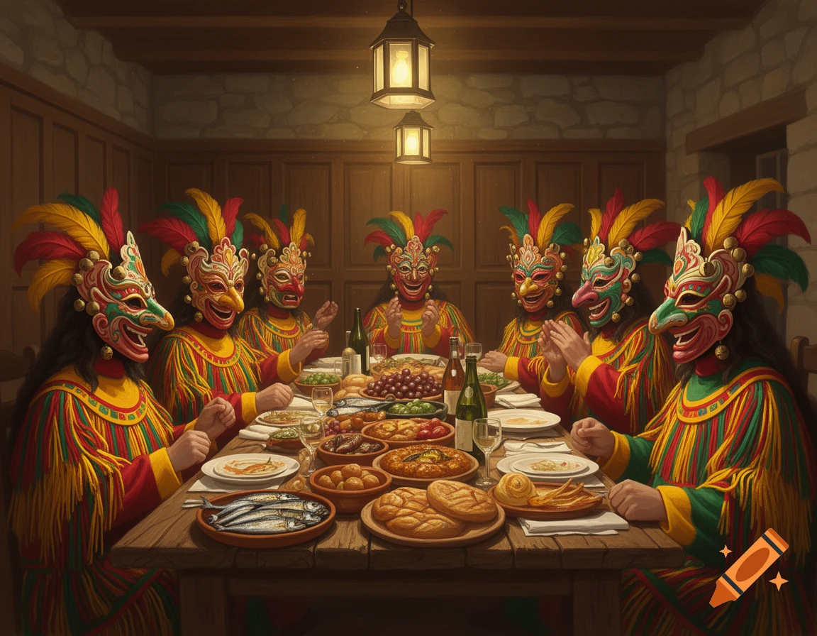 A group of people wearing vibrant, feathered Caretos de Podence masks and colorful robes sit around a long wooden table laden with a feast in a rustic dining room.