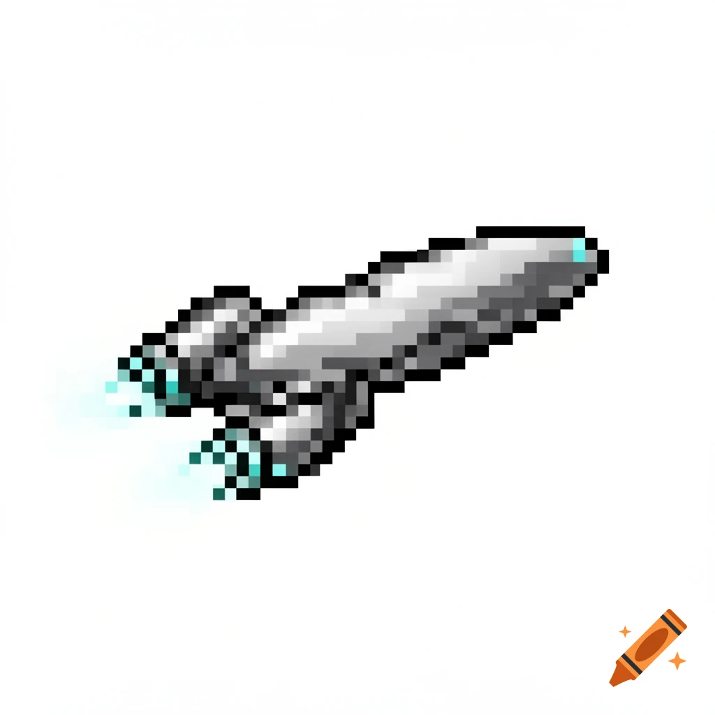 A pixel art spaceship icon, grey with blue thrusters, against a white background.