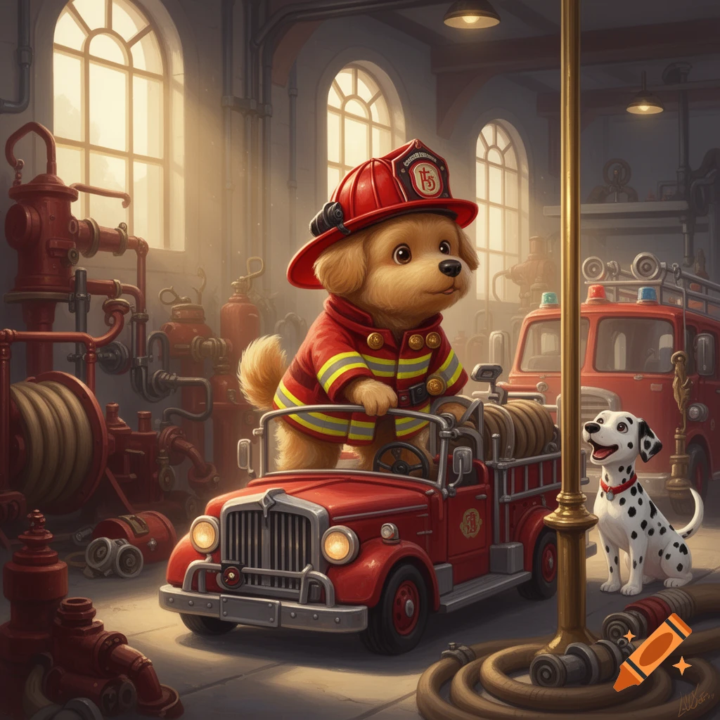 A cute golden retriever puppy in a firefighter uniform drives a toy fire truck, watched by a dalmatian puppy, in a detailed fire station.