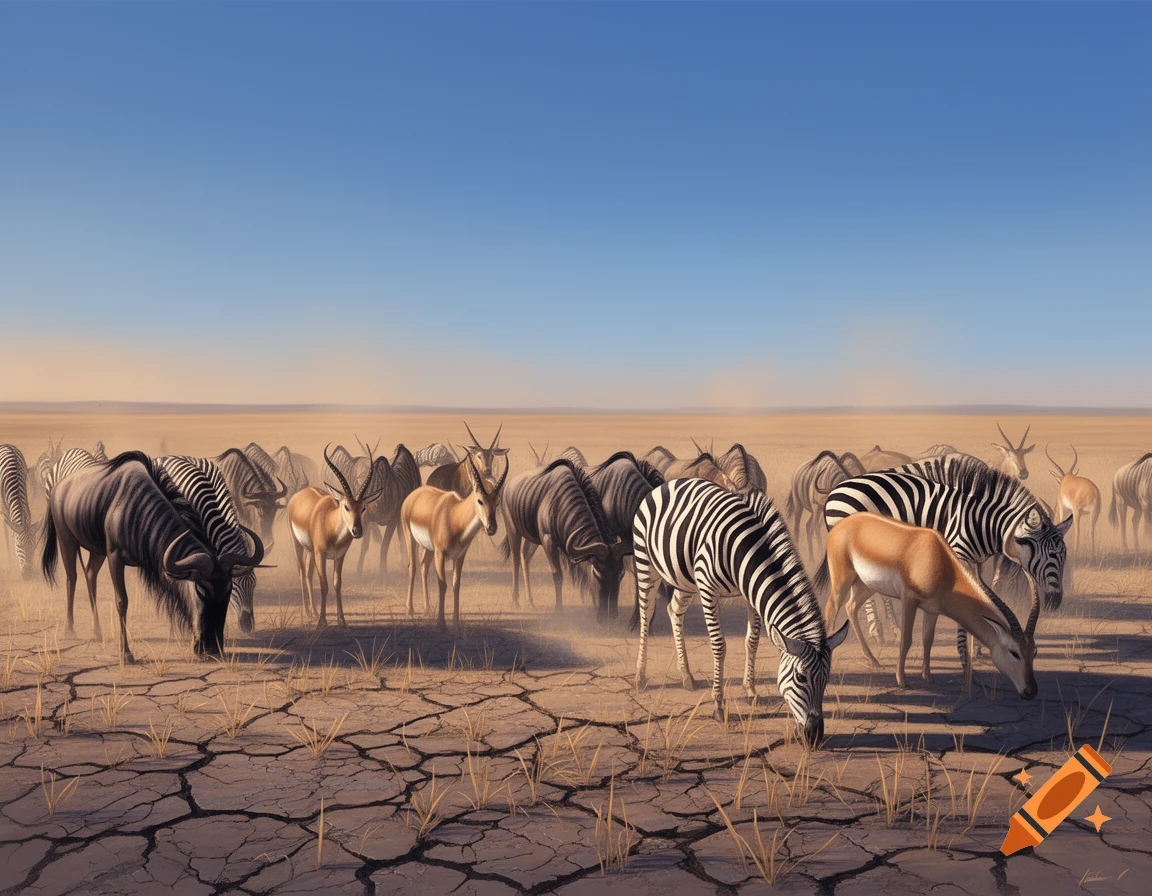 A herd of zebras, wildebeest, and gazelles graze on cracked, dry earth under a clear blue sky in a photorealistic savanna scene.
