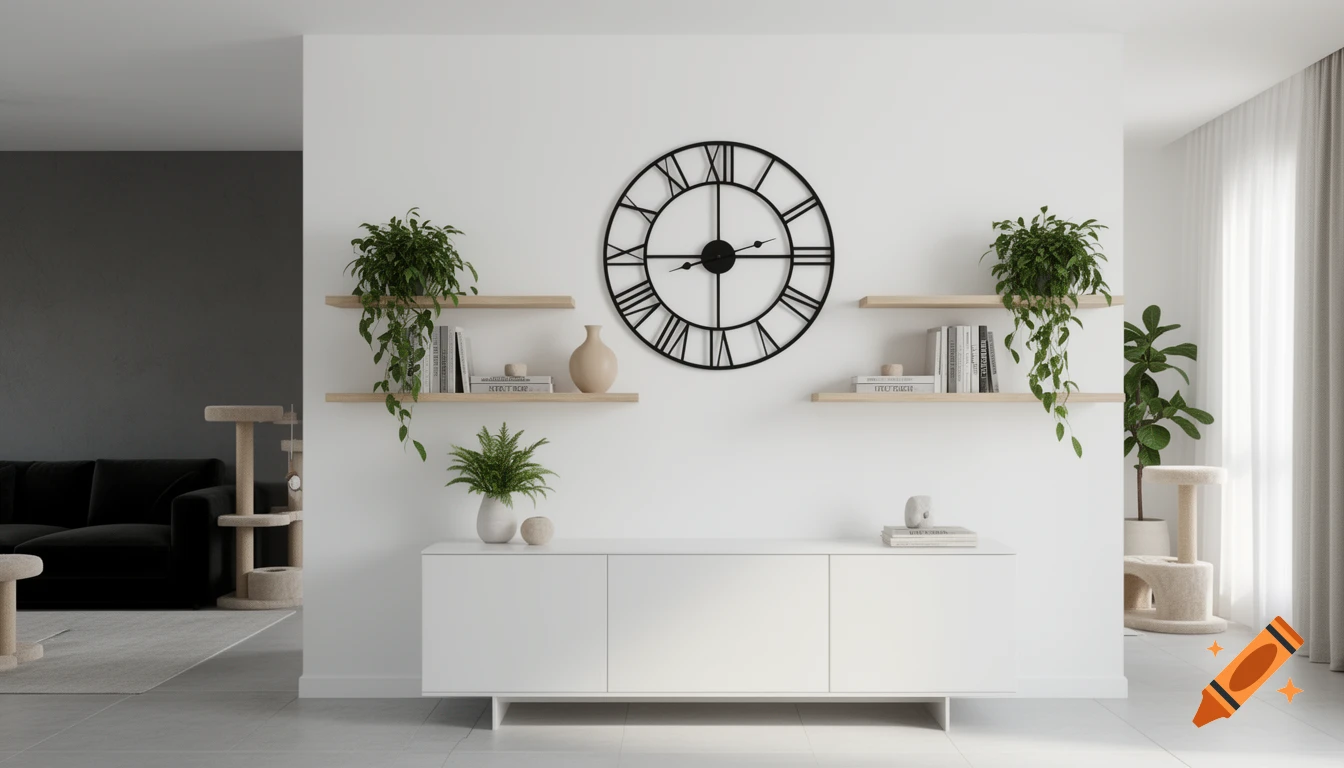 Photorealistic modern living room with a black Roman numeral wall clock over a white cabinet, shelves with plants, and a dark sofa.