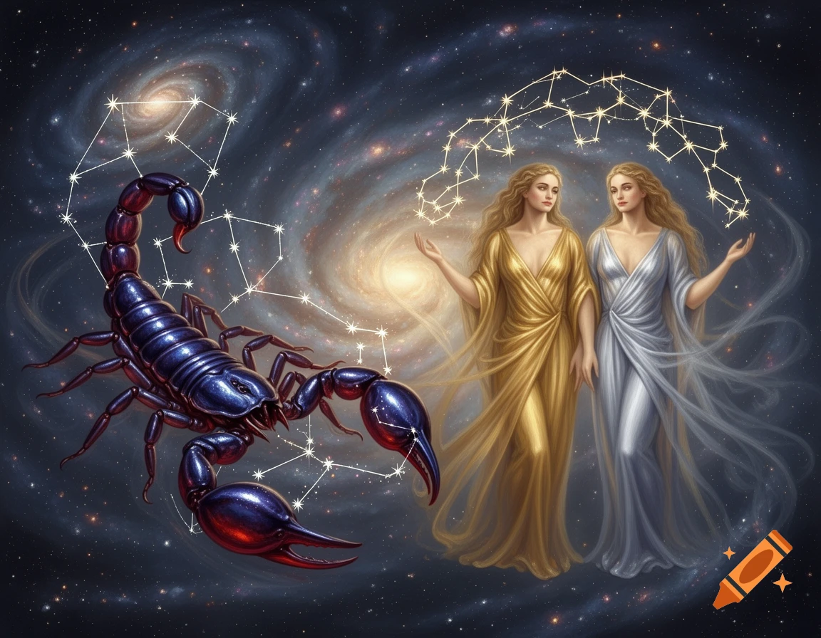 A large blue scorpion and two women in flowing gold and silver robes, surrounded by starry constellations and cosmic nebulae.