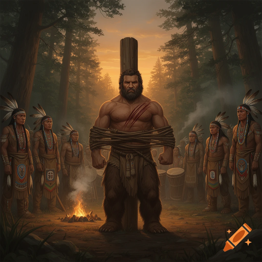 A muscular, bearded man with chest slashes is tied to a stake in a forest, surrounded by traditionally dressed people and a campfire.