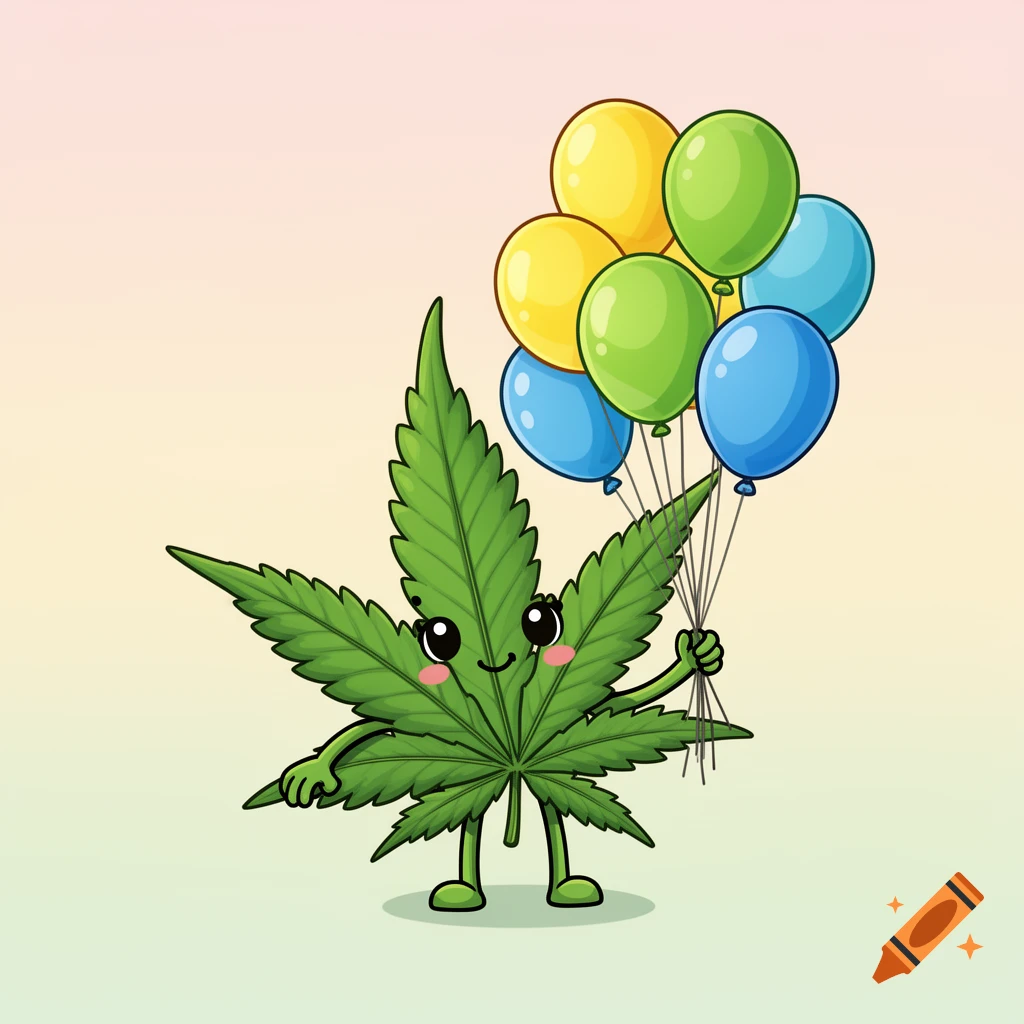 A cute cartoon cannabis leaf with a smiling face and small legs holds a bunch of yellow, green, and blue balloons.