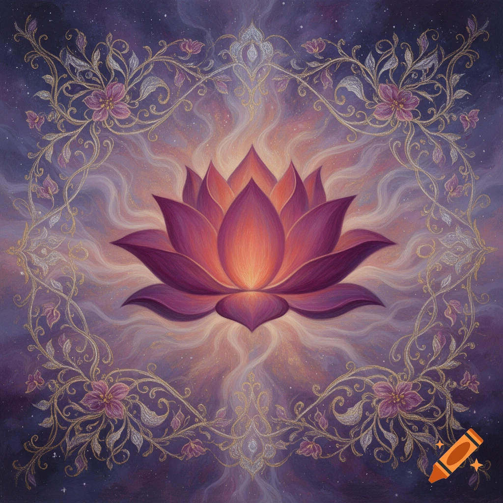 A radiant purple and orange lotus flower glows amidst ornate golden and silver floral vines against a mystical, star-filled purple cosmic background.