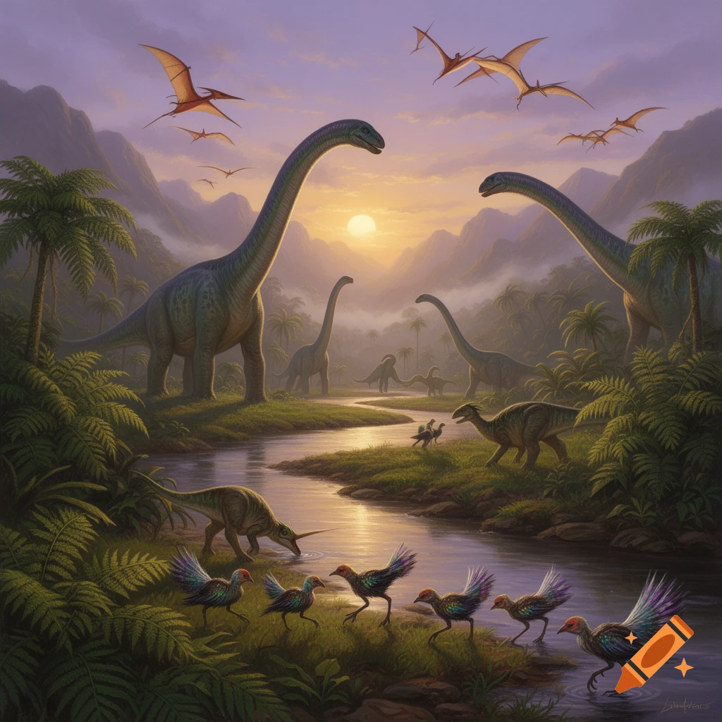 A vivid prehistoric landscape at sunset with various dinosaurs and birds around a winding river.