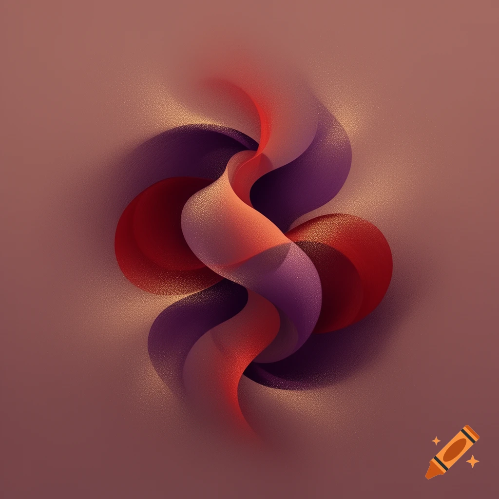 Abstract design of swirling, textured ribbon-like shapes in red, orange, and purple, against a muted background.