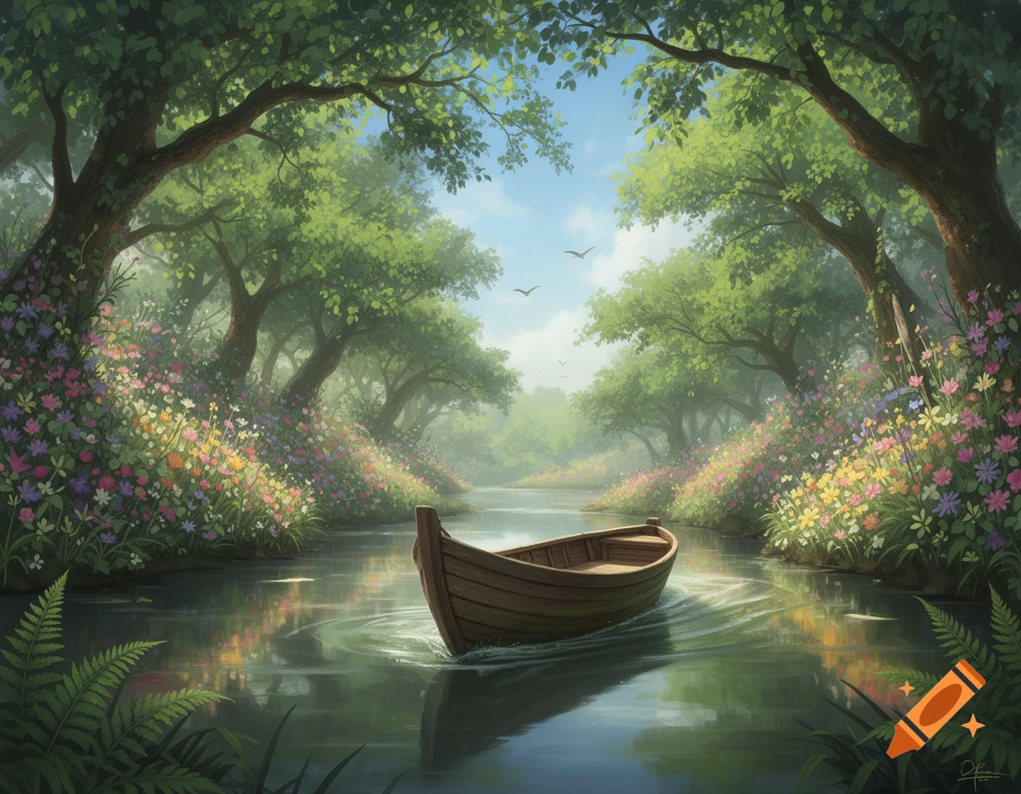A serene wooden boat floats on a clear river, surrounded by lush green trees and banks covered in colorful wildflowers.