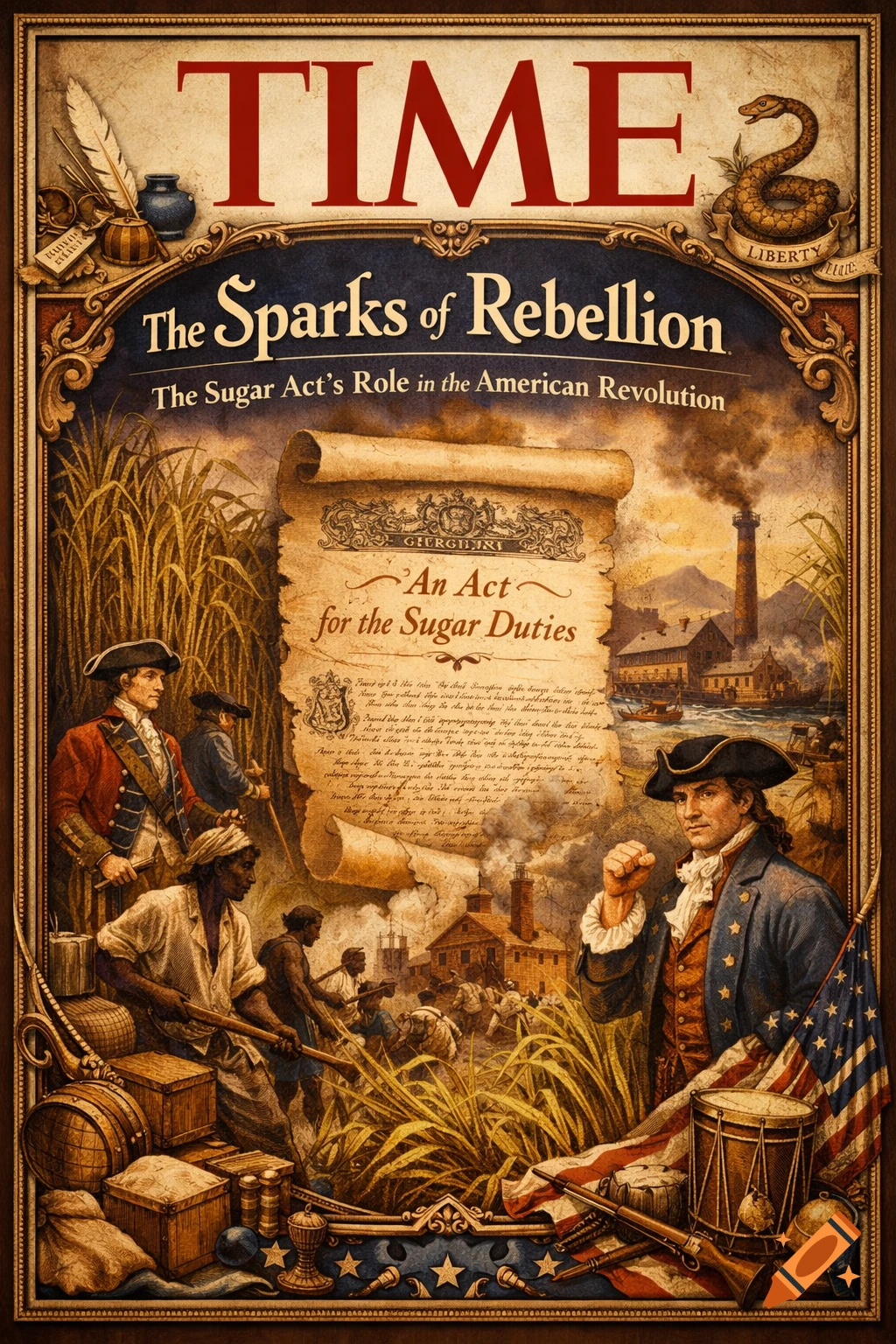 An illustrated TIME magazine cover titled "The Sparks of Rebellion," depicting colonists and enslaved people in a sugar cane field with a central document about the Sugar Act, a man with a raised fist, an American flag, and a factory.