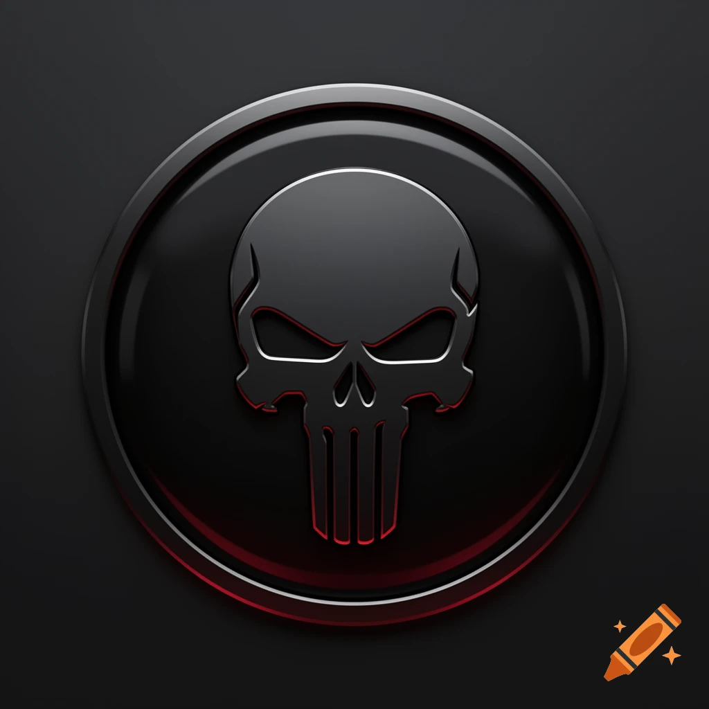 A metallic black skull logo with red outlines in a black circle on a dark gray background.