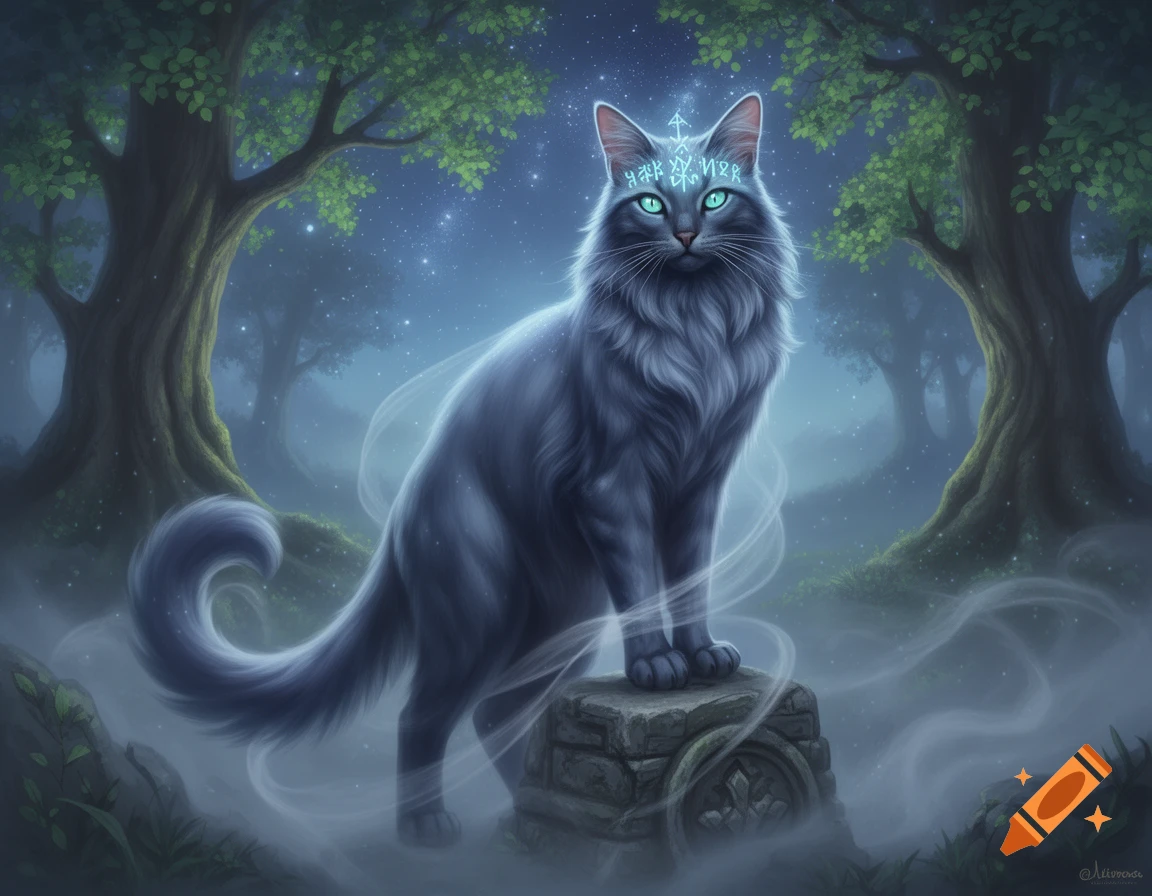 A majestic, fluffy dark gray cat with glowing teal eyes stands on an ancient stone in a misty, star-lit forest. Glowing teal runes adorn its forehead, and wisps of mist curl around its paws.