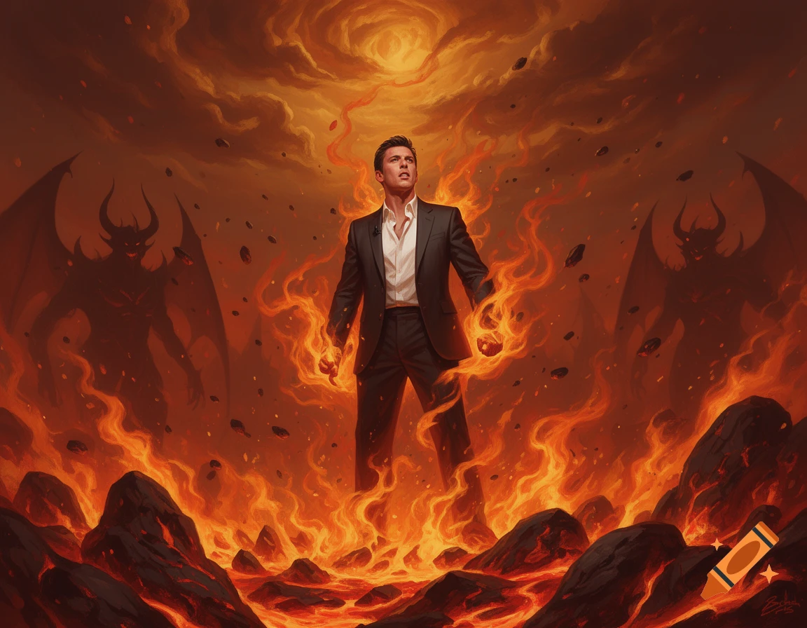 A man in a suit with fiery hands stands in a lava-filled hellscape, with two shadowy horned demons in the background.