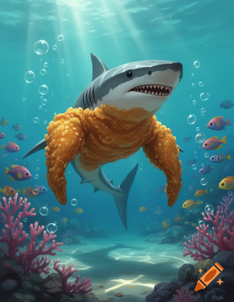 A cartoonish shark with a crispy, fried chicken wing body swims underwater amidst coral and colorful fish.