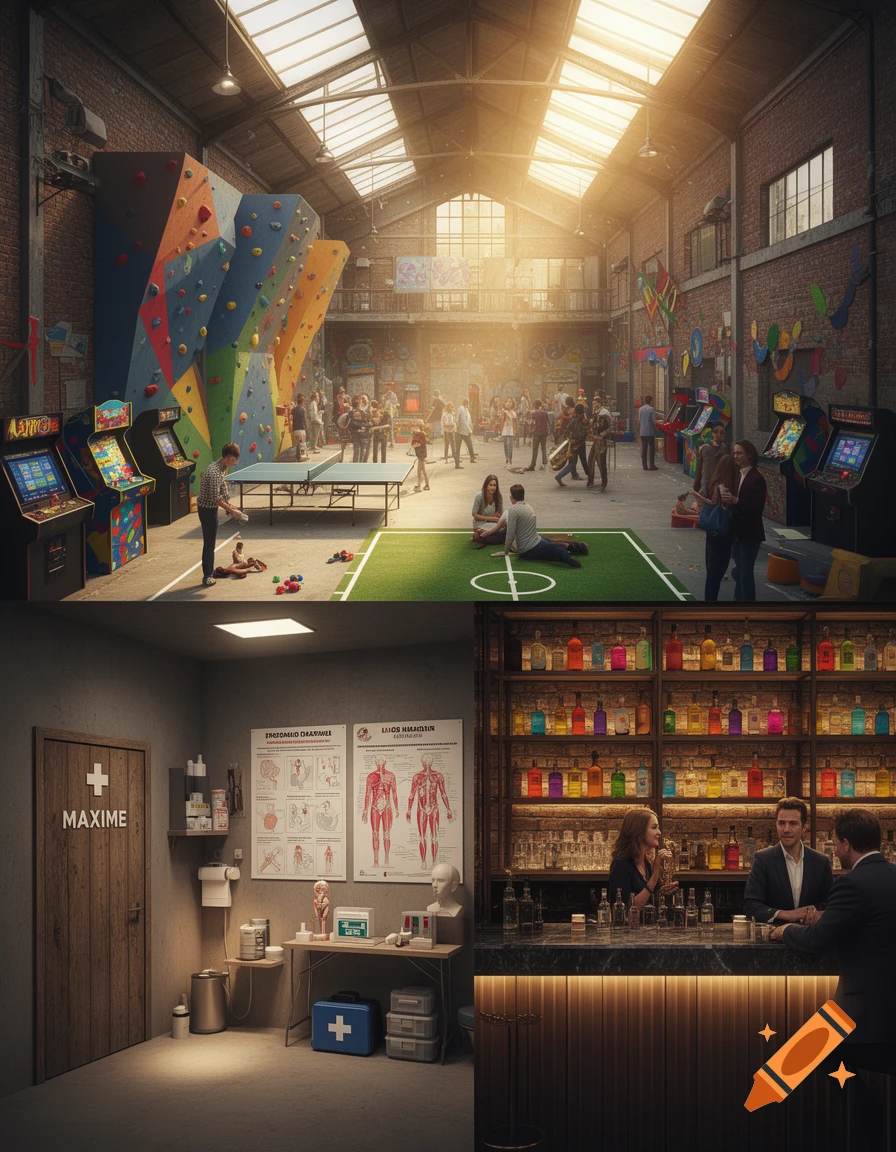 A collage showing three scenes: a large, sunlit warehouse with a climbing wall, arcade games, and people playing, alongside a first-aid room with anatomy charts and the name "MAXIME" on the door, and a bar area with colorful bottles and patrons.