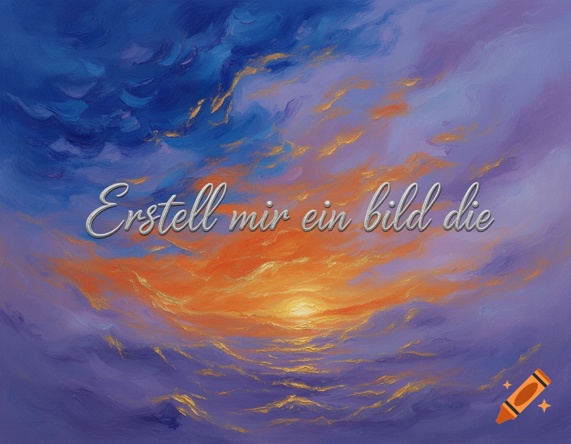 Abstract painting of a dramatic sunset with orange, blue, purple, and gold clouds, overlaid with the text 'Erstell mir ein bild die'.