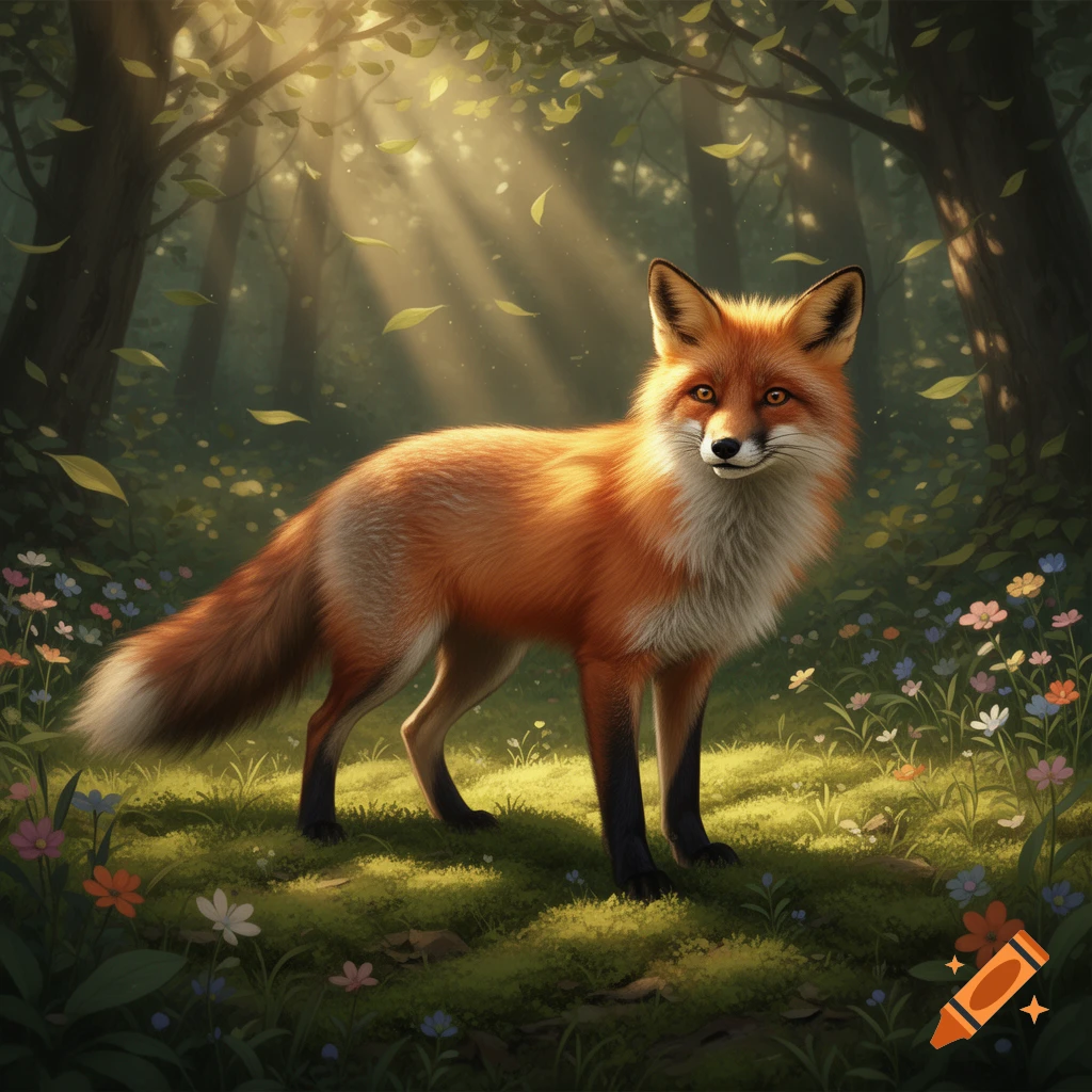 A vibrant red fox stands in a sun-dappled forest clearing filled with colorful wildflowers, light rays filtering through the trees.