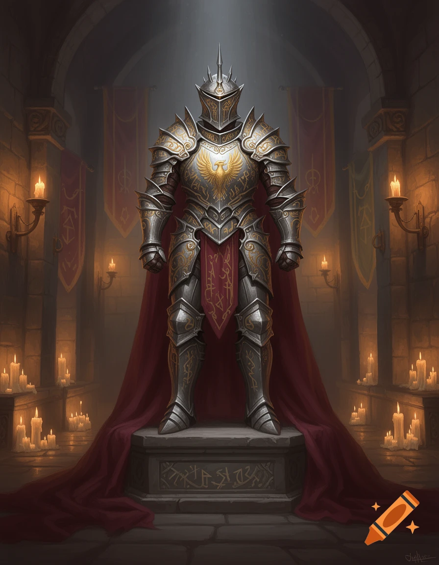Elaborate silver and gold knight's armor stands on a stone pedestal in ...