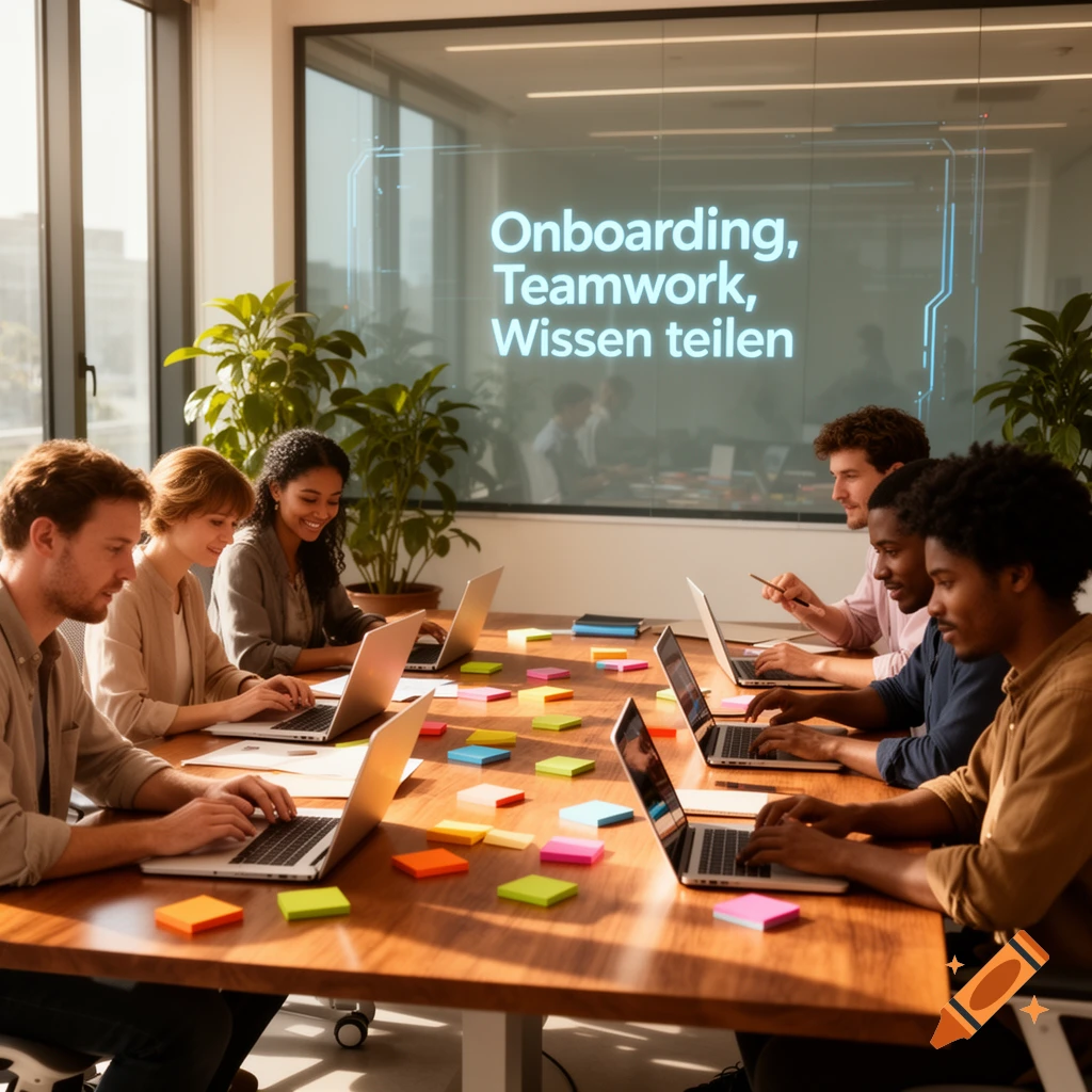 Diverse young professionals work on laptops at a long table in a bright office with 'Onboarding, Teamwork, Wissen teilen' on a screen.