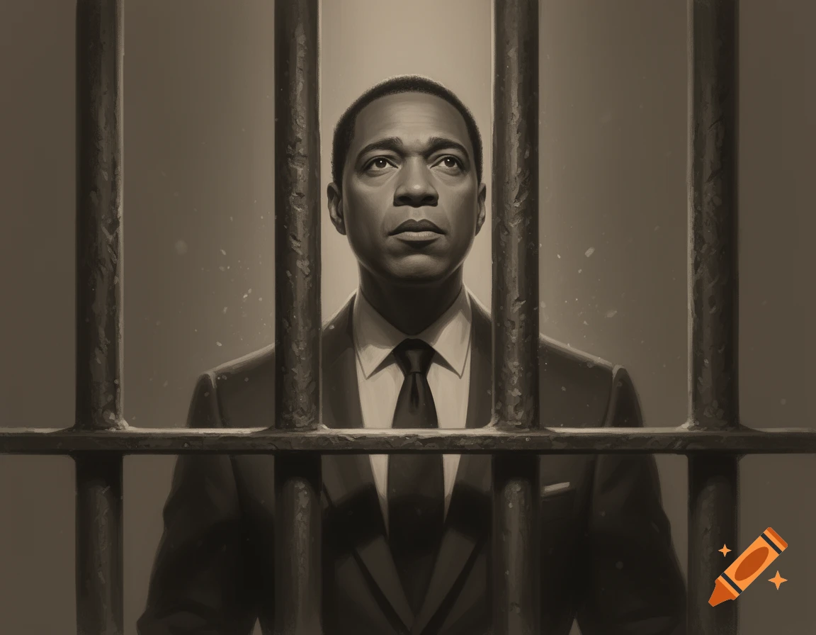 Sepia-toned illustration of a man in a suit looking up through prison bars.