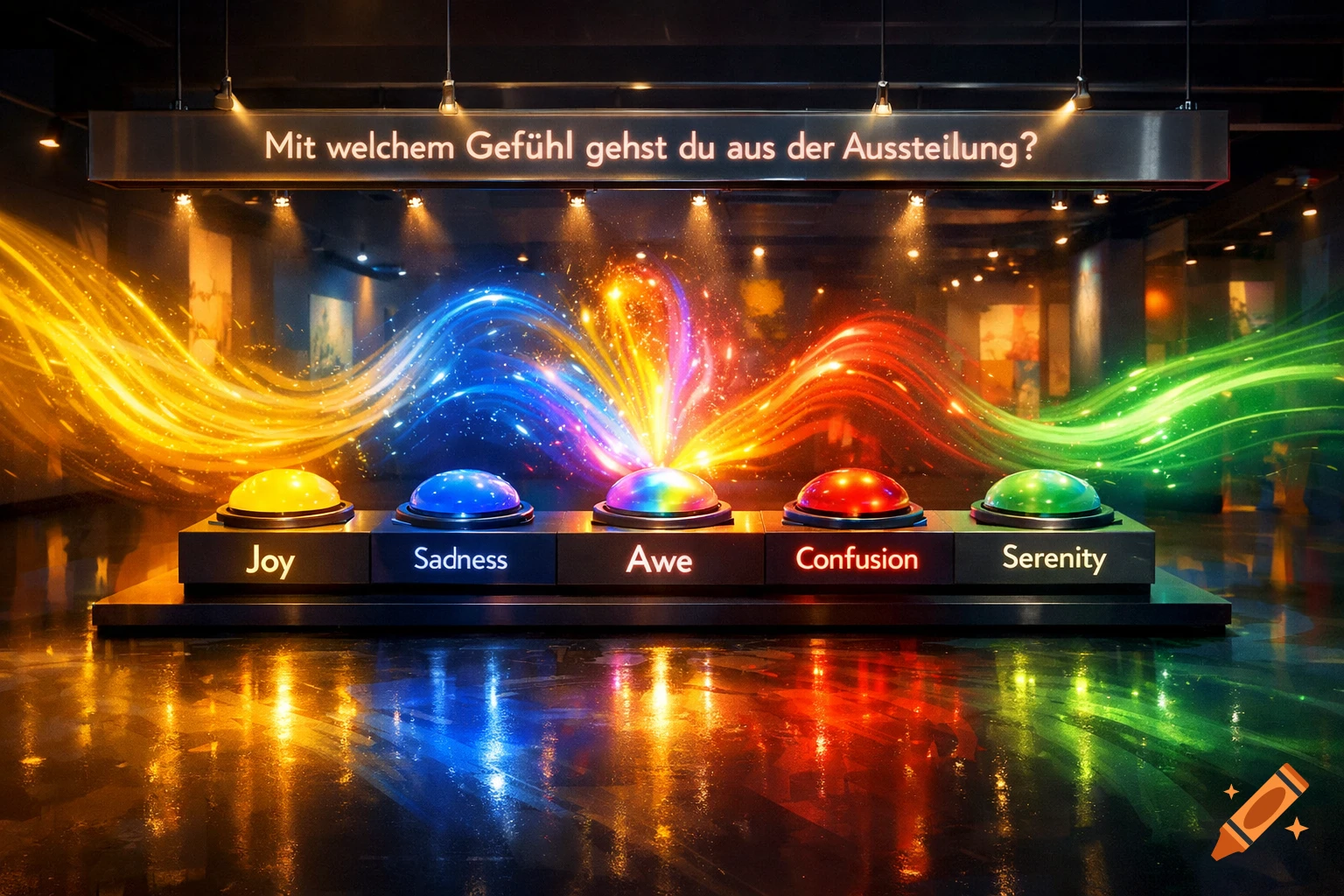 An interactive exhibit with five colorful emotion buzzers labeled Joy, Sadness, Awe, Confusion, Serenity, under a sign asking 'Mit welchem Gefühl gehst du aus der Ausstellung?' with vibrant light trails.