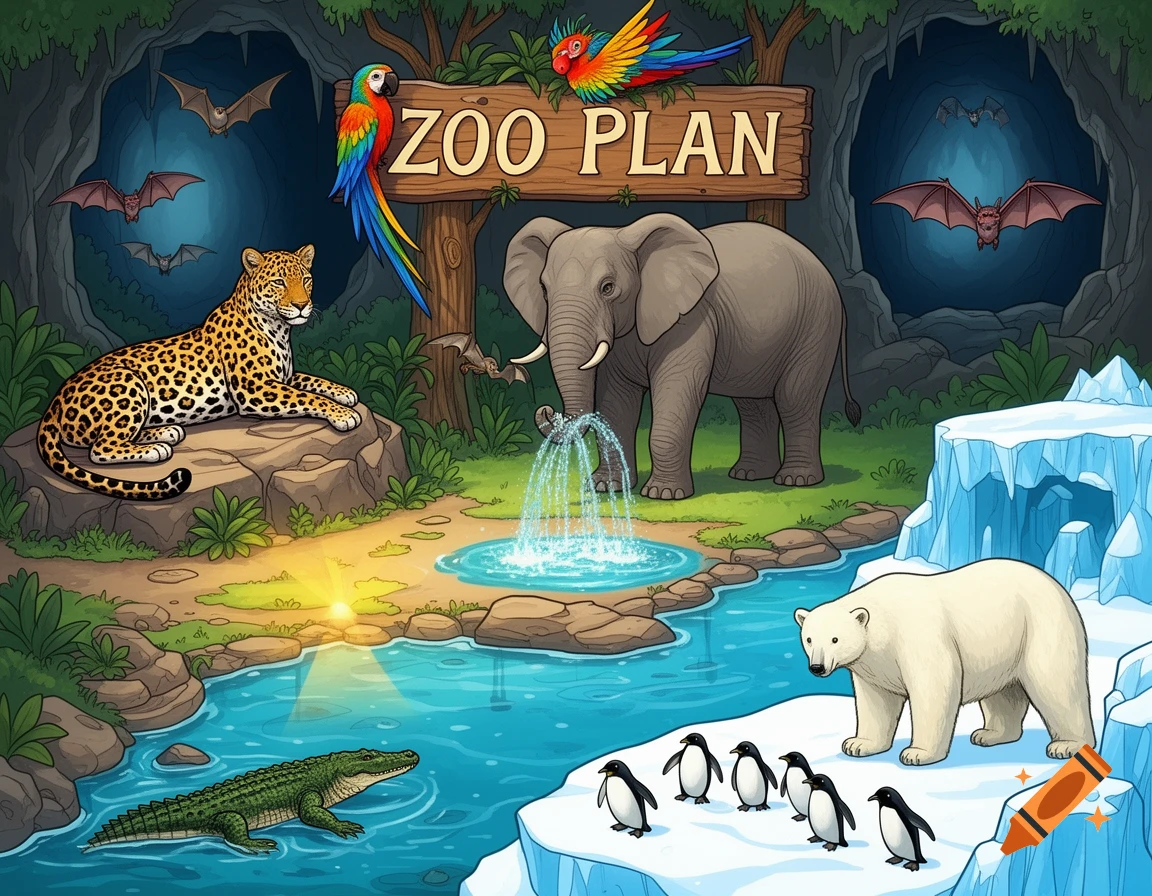 A colorful cartoon illustration of a diverse zoo plan, featuring a leopard, elephant, parrot, bats, crocodile, penguins, and a polar bear.