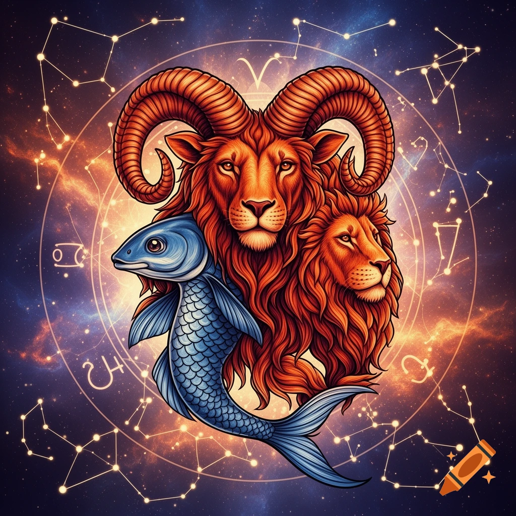 Stylized fusion of a red ram, two red lions, and a blue fish in front of a cosmic background with astrological constellation lines and zodiac symbols.